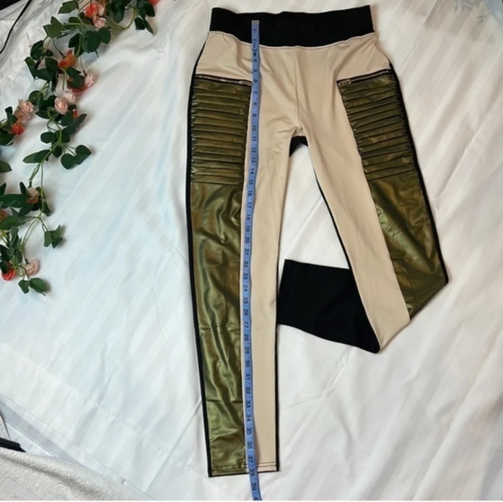 Flamingo Urban Contrast Panel Zipper Detail Faux Leather Moto Pants SzL - Picture 6 of 16